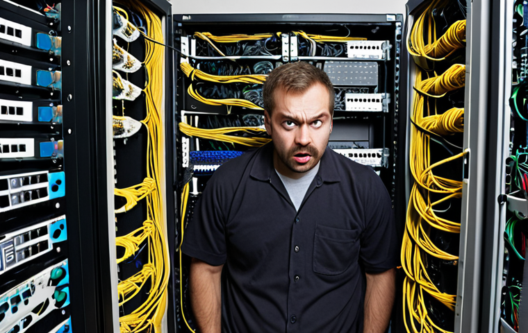 **A network administrator looking overwhelmed at a messy, undocumented network rack. Cables are everywhere, and there are no labels. Humorous, slightly exaggerated style.**