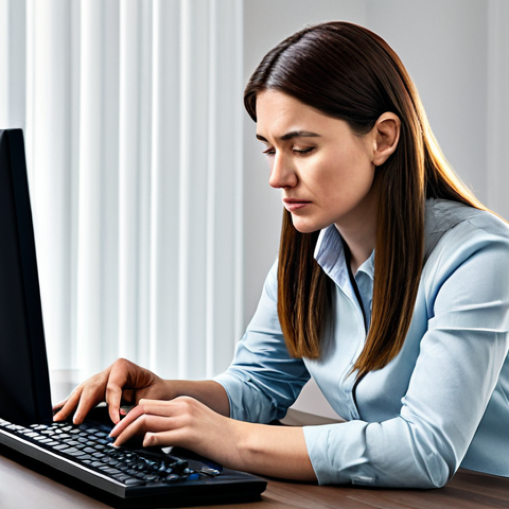 A professional woman in a modest business casual outfit sits at her desk in a contemporary home office. She is calmly examining a router with an unlit indicator light, indicating a network outage. Her hands are naturally positioned near the device, ready to troubleshoot. The background features a neat workspace with a laptop displaying a generic connection error. fully clothed, appropriate attire, safe for work, perfect anatomy, correct proportions, natural pose, well-formed hands, proper finger count, natural body proportions, professional photography, high quality, family-friendly content.
