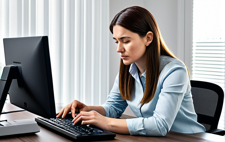 A professional woman in a modest business casual outfit sits at her desk in a contemporary home office. She is calmly examining a router with an unlit indicator light, indicating a network outage. Her hands are naturally positioned near the device, ready to troubleshoot. The background features a neat workspace with a laptop displaying a generic connection error. fully clothed, appropriate attire, safe for work, perfect anatomy, correct proportions, natural pose, well-formed hands, proper finger count, natural body proportions, professional photography, high quality, family-friendly content.