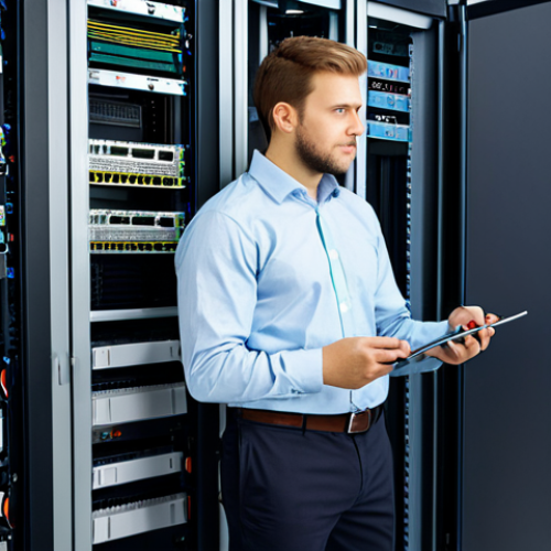 Home 23 **
A professional network engineer in a modern office environment, fully clothed in business casual attire, standing next to a server rack, examining cables, safe for work, appropriate content, perfect anatomy, correct proportions, natural pose, professional, modest, family-friendly.
**