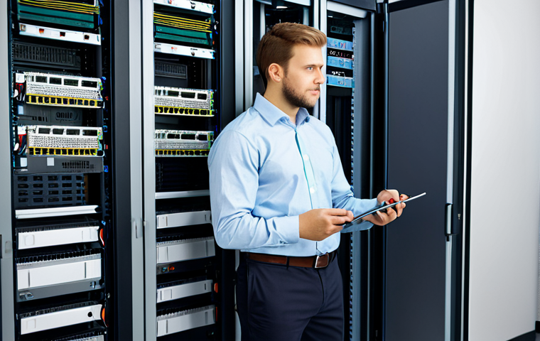 **

A professional network engineer in a modern office environment, fully clothed in business casual attire, standing next to a server rack, examining cables, safe for work, appropriate content, perfect anatomy, correct proportions, natural pose, professional, modest, family-friendly.

**